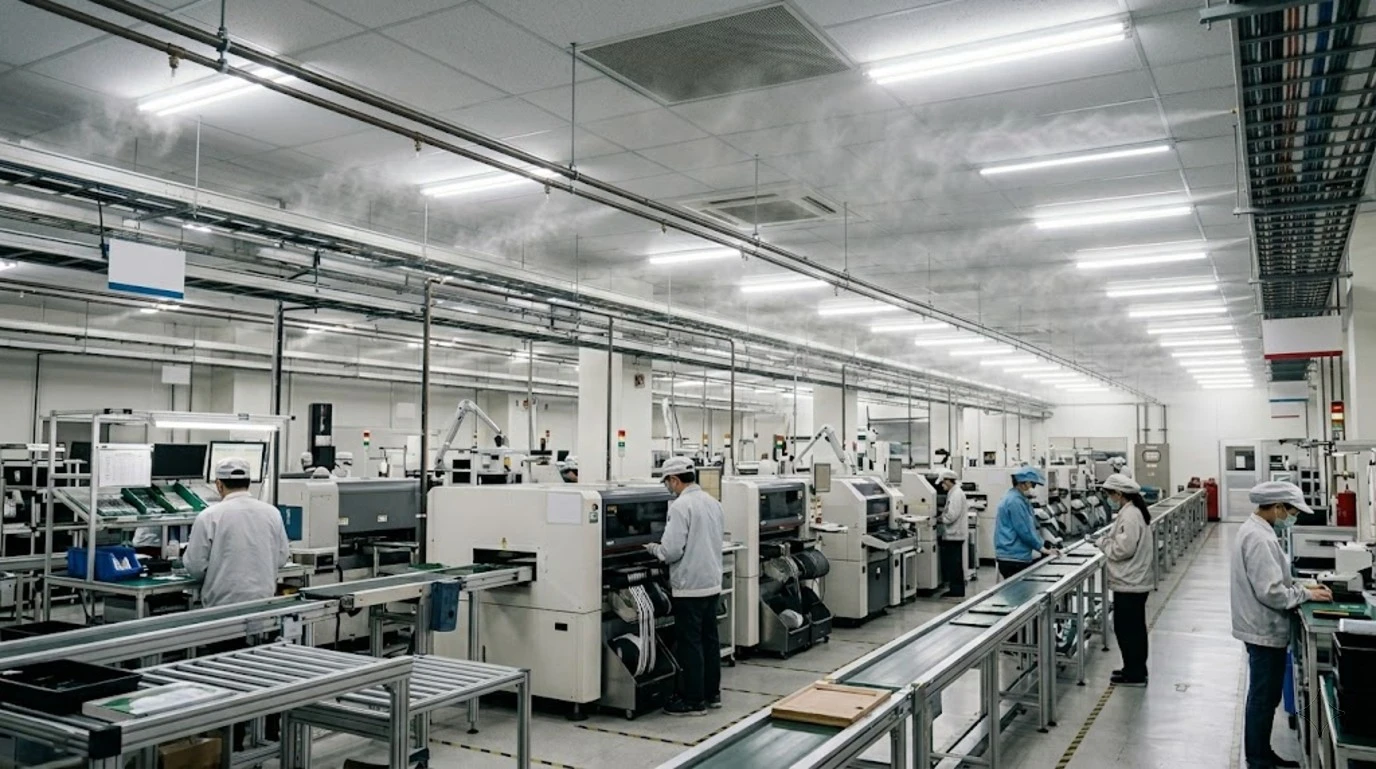 產線除靜電與黏塵改善工程情境，產線以濕度控制降低靜電與粉塵黏附
