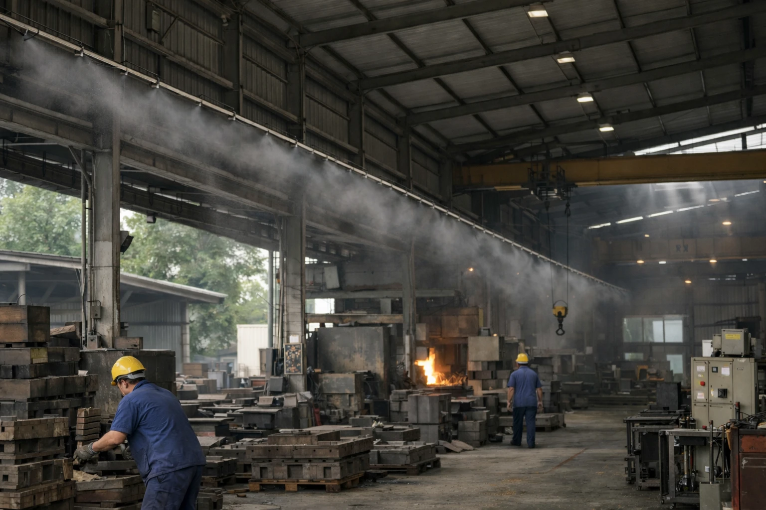 高溫作業環境改善工程情境，工業高熱場域以噴霧降溫降低熱風險